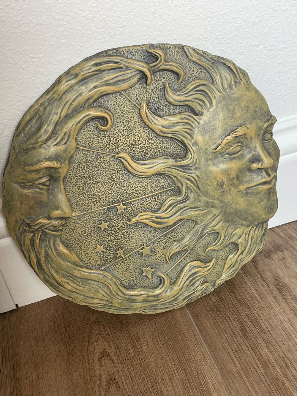 Celestial Sun & Moon Stars Round Hanging Wall Plaque Metal Gold 10in NIB